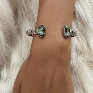 Silver Open Cuff Bracelet with Iridescent Green-Blue Abalone Stones​​​​